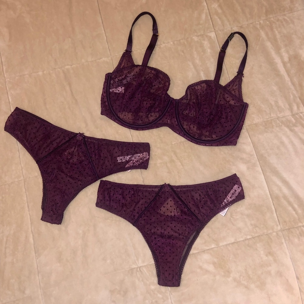 Victoria’s Secret Flocked Dot Lace  Balconette & Tanga Set 36/38DDD/L NWT